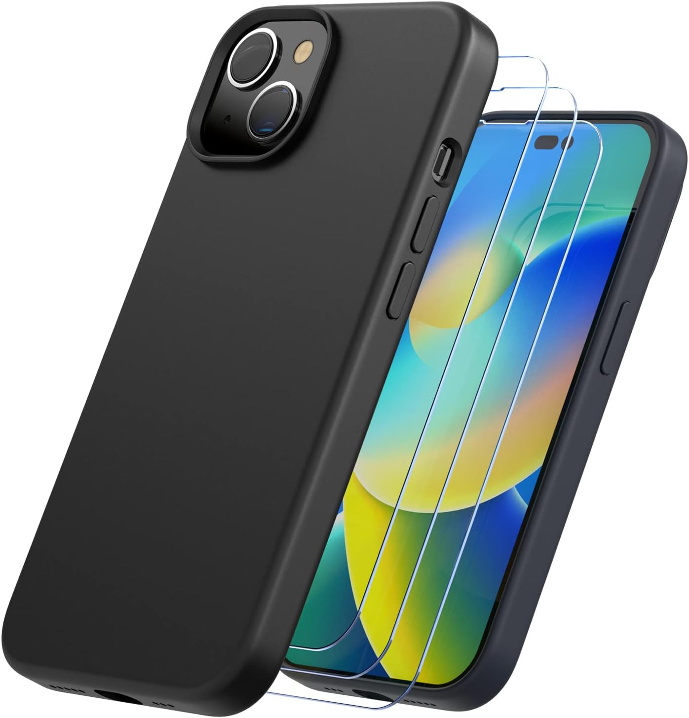 iPhone 14 Plus Trianium 4 in 1 Case Silicone (Black), with 3 Pack Screen Protector 6.7 inch