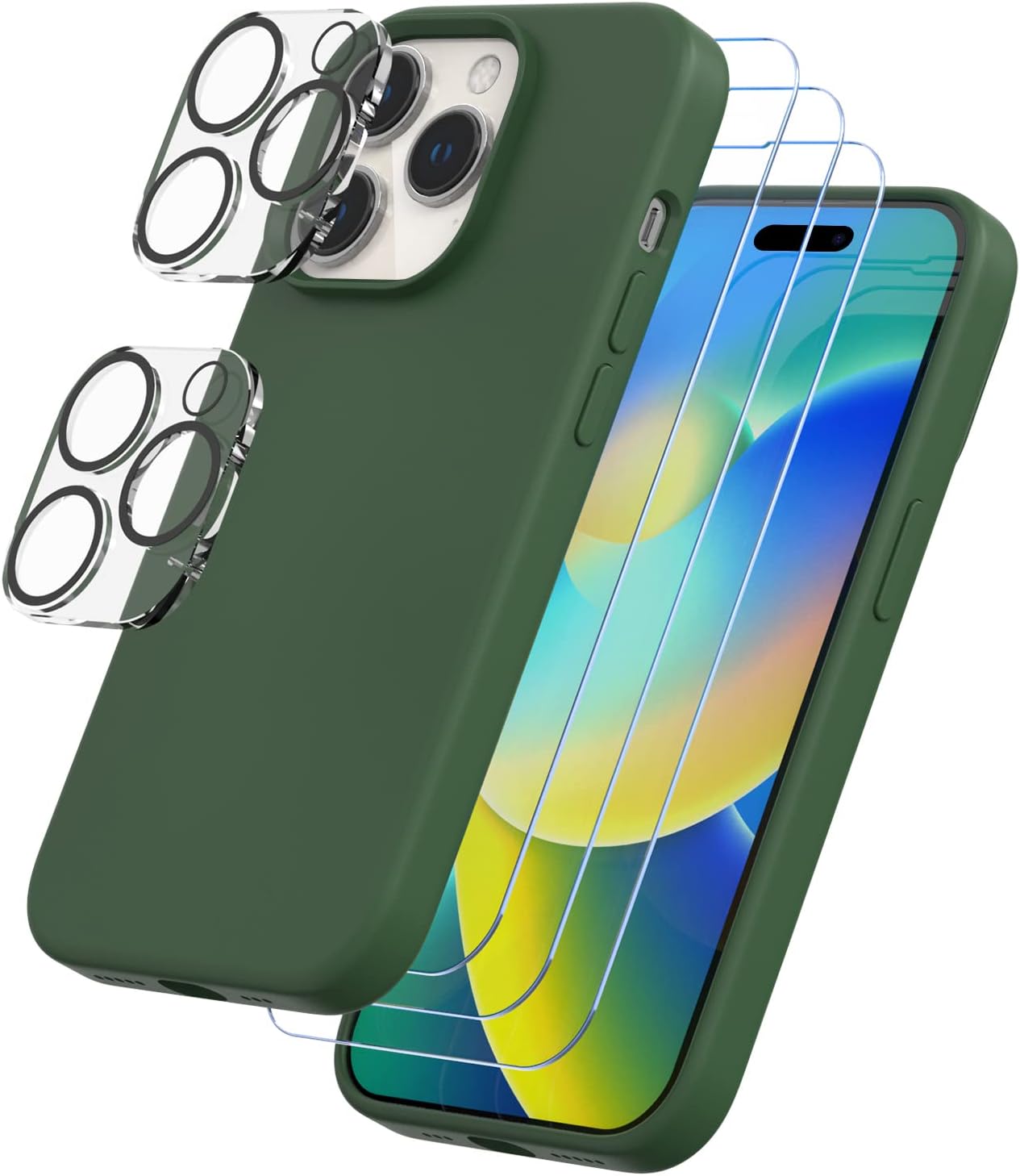 Iphone 14 Pro Max Trianium 6 in 1 Case Silicone (Clover), with 3 Pack Glass Screen Protector + 2 Pack Camera Lens 6.7 Inch