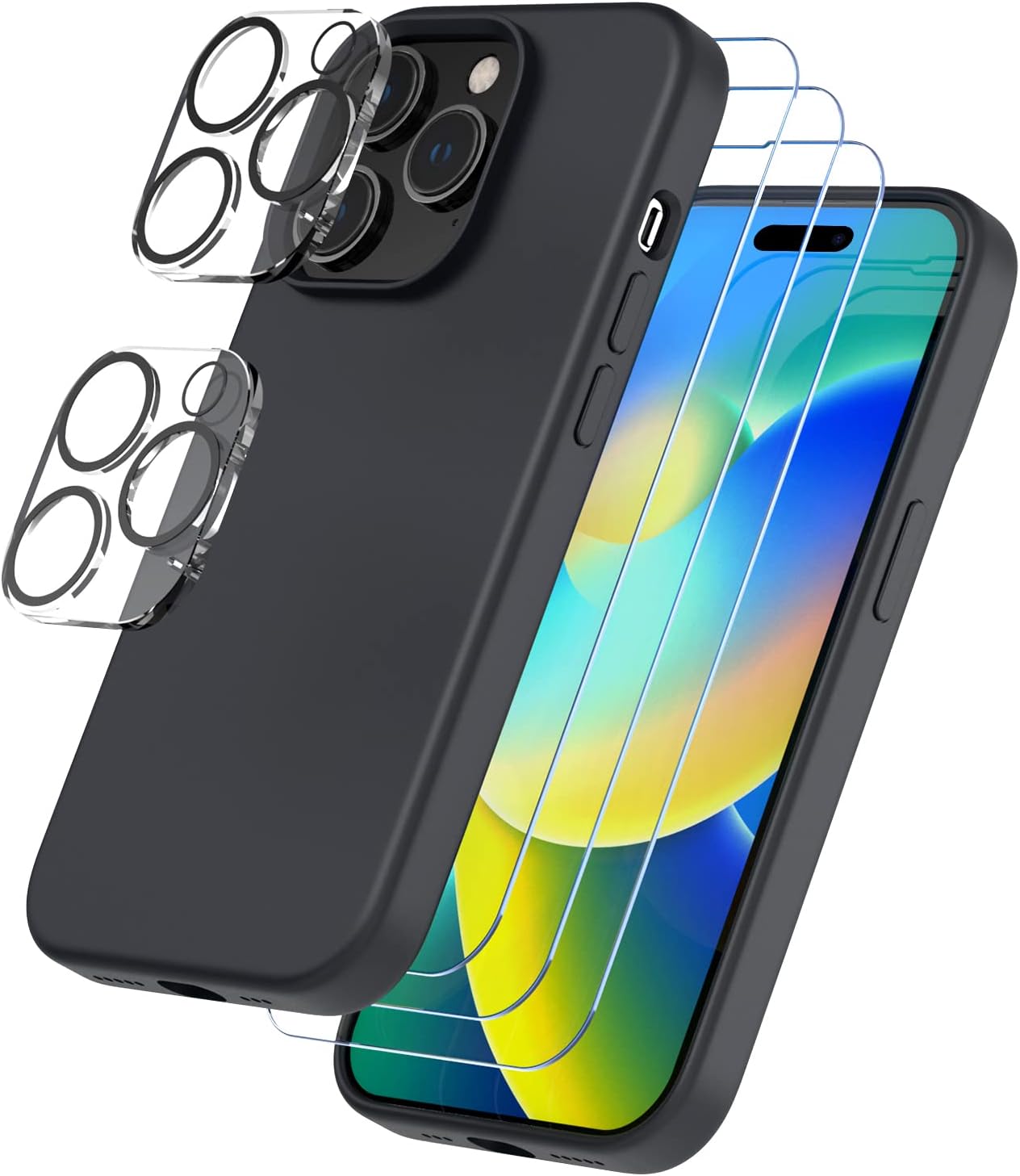 Iphone 14 Pro Max Trianium 6 in 1 Case Silicone (Black), with 3 Pack Glass Screen Protector + 2 Pack Camera Lens 6.7 Inch