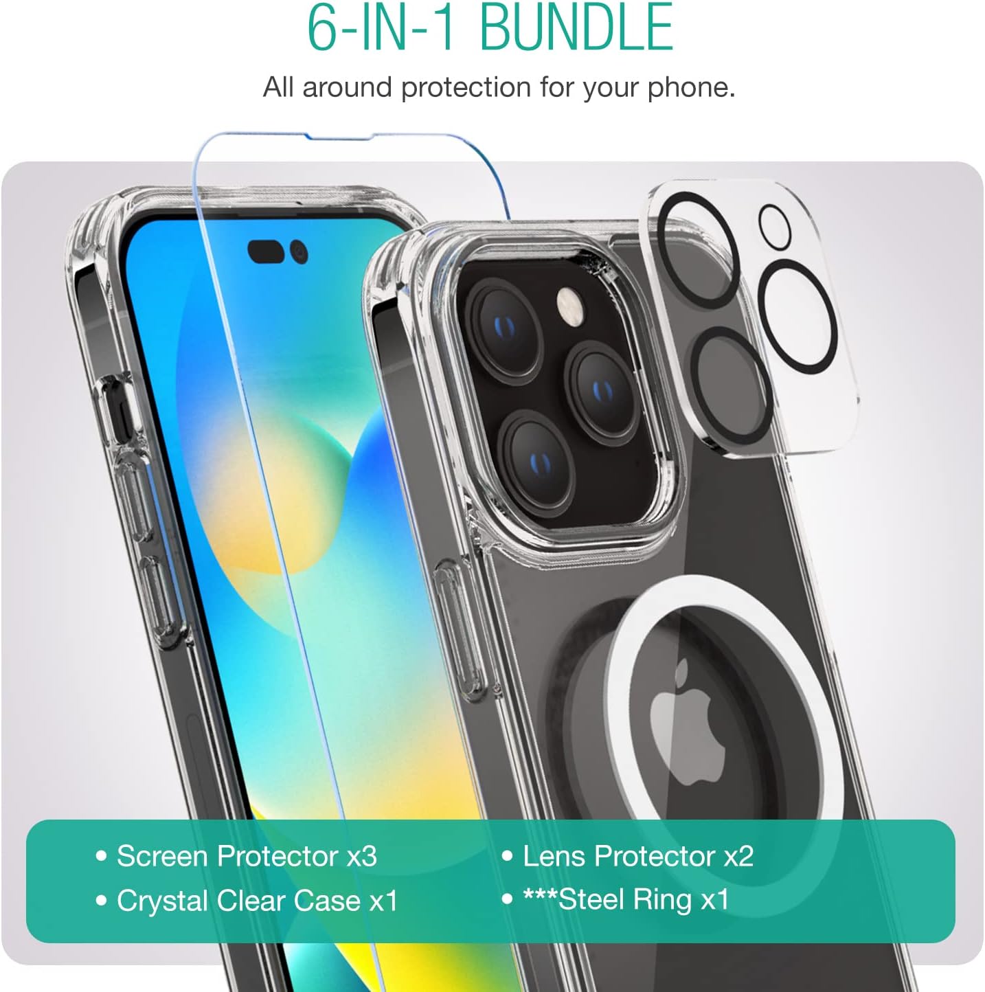 iPhone 14 Pro Max XClear Premium Case, with 3 Pack Tempered Glass Screen Protector + 2 Pack Camera Lens 6.7 Inch
