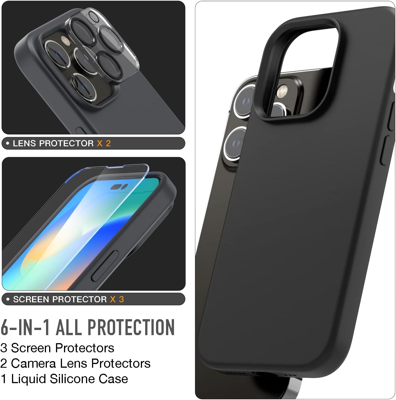 Iphone 14 Pro Max Trianium 6 in 1 Case Silicone (Black), with 3 Pack Glass Screen Protector + 2 Pack Camera Lens 6.7 Inch