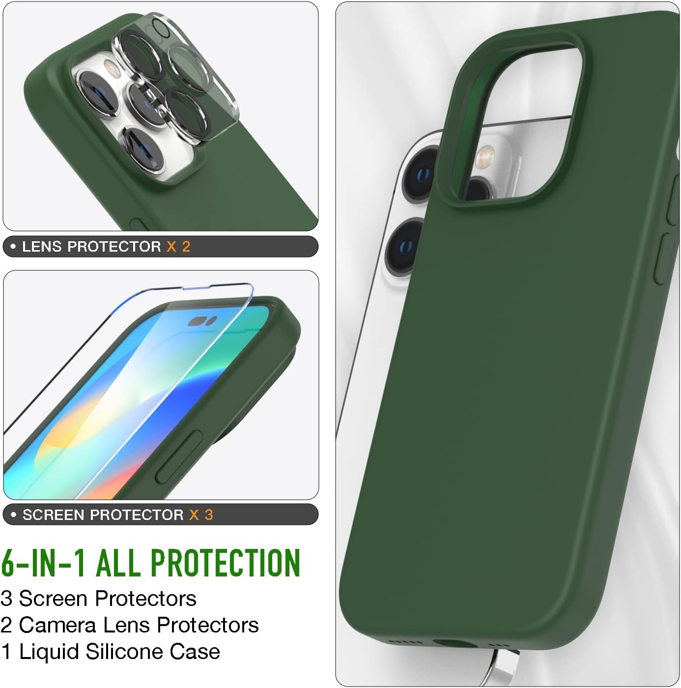 Iphone 14 Pro Max Trianium 6 in 1 Case Silicone (Clover), with 3 Pack Glass Screen Protector + 2 Pack Camera Lens 6.7 Inch
