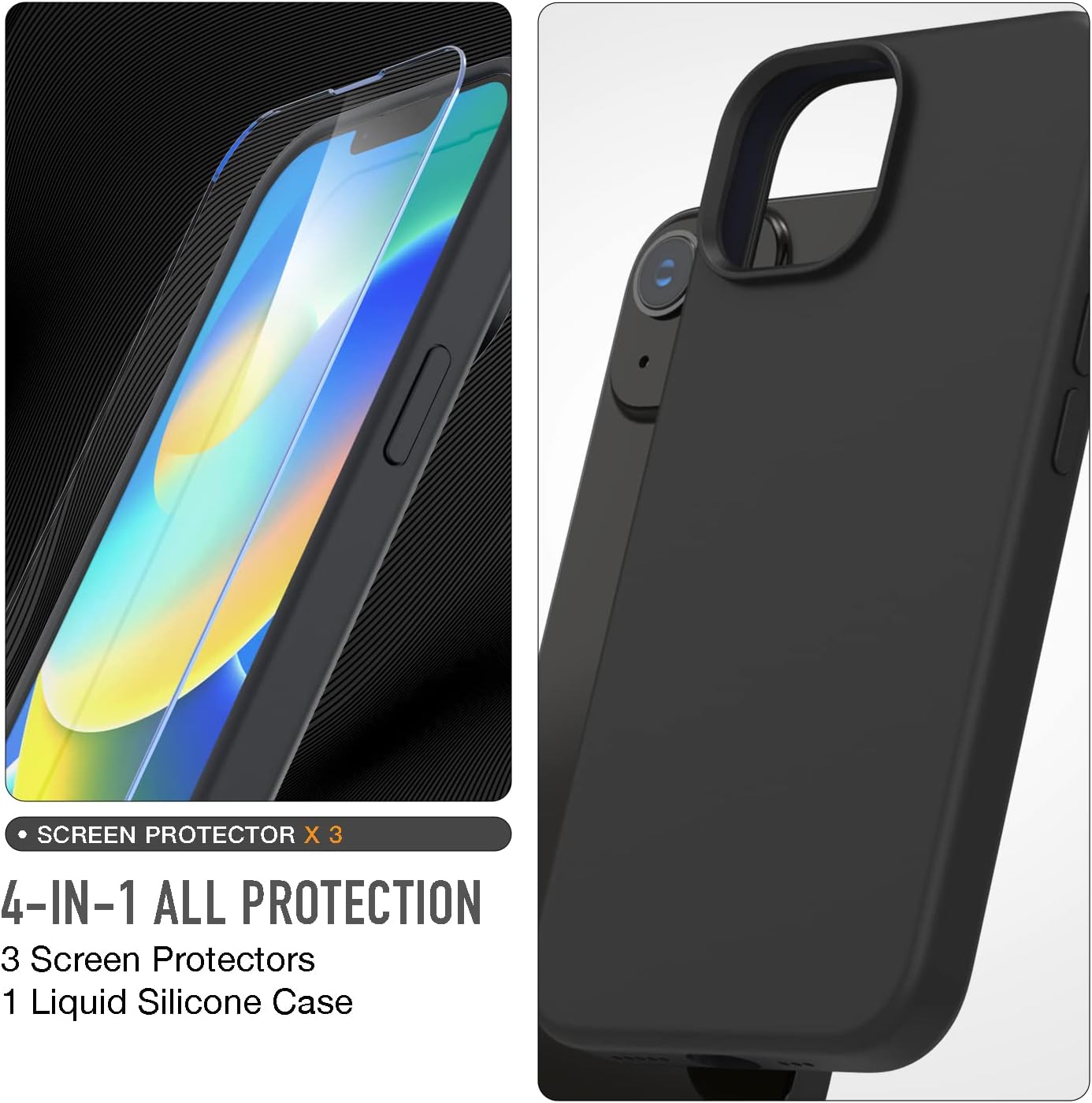 iPhone 14 Plus Trianium 4 in 1 Case Silicone (Black), with 3 Pack Screen Protector 6.7 inch