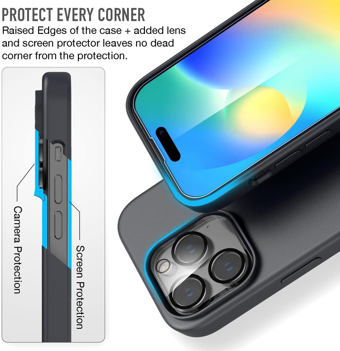 Iphone 14 Pro Max Trianium 6 in 1 Case Silicone (Black), with 3 Pack Glass Screen Protector + 2 Pack Camera Lens 6.7 Inch