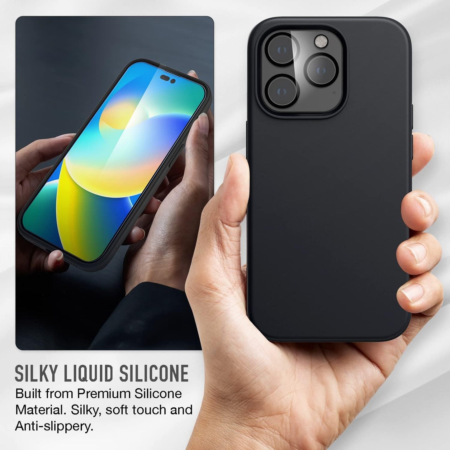 Iphone 14 Pro Max Trianium 6 in 1 Case Silicone (Black), with 3 Pack Glass Screen Protector + 2 Pack Camera Lens 6.7 Inch